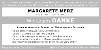 Traueranzeige von Margarete Merz von Nürnberger Nachrichten