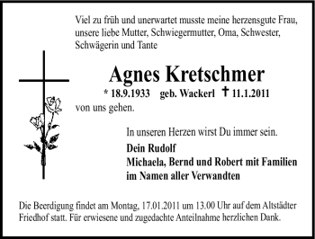 Traueranzeige von Agnes Kretschmer von Nürnberger Nachrichten