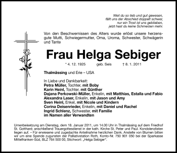 Traueranzeige von Helga Sebiger von Nürnberger Nachrichten