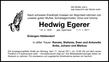 Traueranzeige von Hedwig Egerer von Nürnberger Nachrichten