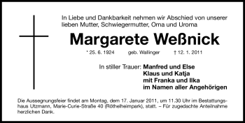 Traueranzeige von Margarete Weßnick von Nürnberger Nachrichten