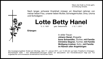 Traueranzeige von Lotte Betty Hanel von Nürnberger Nachrichten