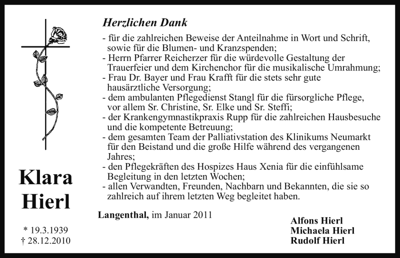  Traueranzeige für Klara Hierl vom 15.01.2011 aus Nürnberger Nachrichten