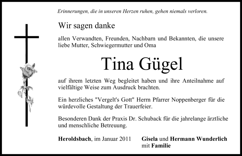  Traueranzeige für Tina Gügel vom 15.01.2011 aus Nürnberger Nachrichten