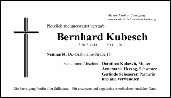 Traueranzeige von Bernhard Kubesch von Nürnberger Nachrichten