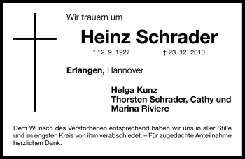 Traueranzeige von Heinz Schrader von Nürnberger Nachrichten