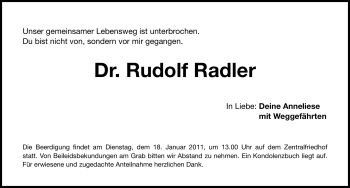 Traueranzeige von Rudolf Radler von Nürnberger Nachrichten