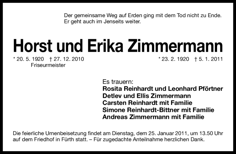  Traueranzeige für Horst und Erika Zimmermann vom 22.01.2011 aus Nürnberger Nachrichten