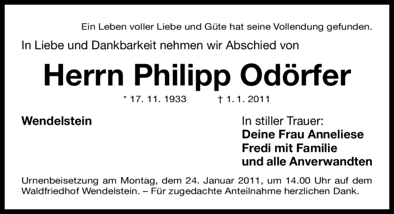  Traueranzeige für Philipp Odörfer vom 22.01.2011 aus Nürnberger Nachrichten