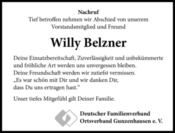 Traueranzeige von Willy Belzner von Nürnberger Nachrichten