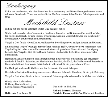 Traueranzeige von Mechthild Leistner von Nürnberger Nachrichten