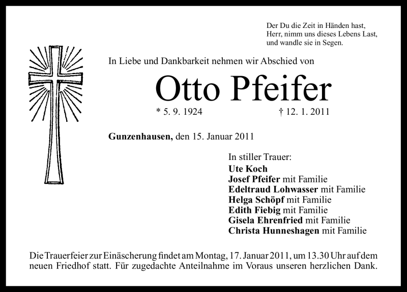  Traueranzeige für Otto Pfeifer vom 15.01.2011 aus Nürnberger Nachrichten
