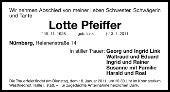 Traueranzeige von Lotte Pfeiffer von Nürnberger Nachrichten