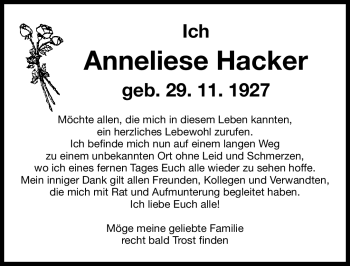 Traueranzeige von Anneliese Hacker von Nürnberger Nachrichten