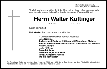 Traueranzeige von Walter Küttinger von Nürnberger Nachrichten