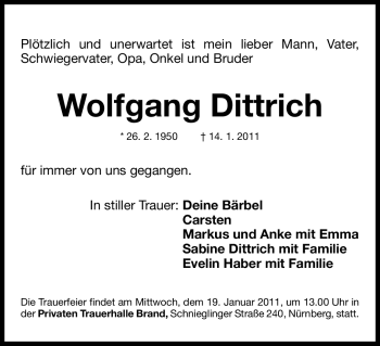 Traueranzeige von Wolfgang Dittrich von Nürnberger Nachrichten