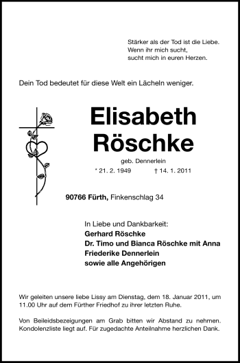 Traueranzeige von Elisabeth Röschke von Nürnberger Nachrichten