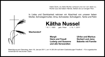 Traueranzeige von Kätha Nussel von Nürnberger Nachrichten