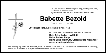 Traueranzeige von Babette Bezold von Nürnberger Nachrichten