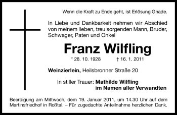 Traueranzeige von Franz Wilfling von Nürnberger Nachrichten