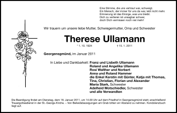 Traueranzeige von Therese Ullamann von Nürnberger Nachrichten