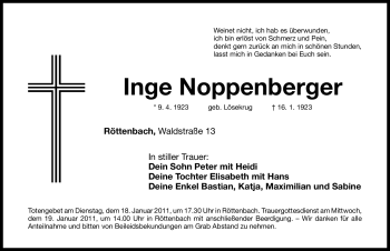 Traueranzeige von Inge Noppenberger von Nürnberger Nachrichten