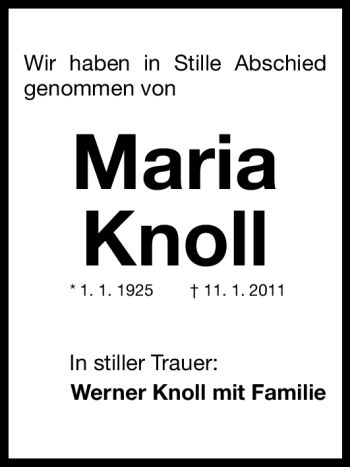 Traueranzeige von Maria Knoll von Nürnberger Nachrichten