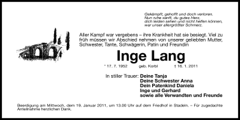 Traueranzeige von Inge Lang von Nürnberger Nachrichten