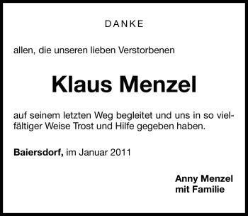 Traueranzeige von Klaus Menzel von Nürnberger Nachrichten