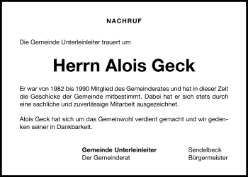 Traueranzeige von Alois Geck von Nürnberger Nachrichten