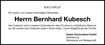 Traueranzeige von Bernhard Kubesch von Nürnberger Nachrichten