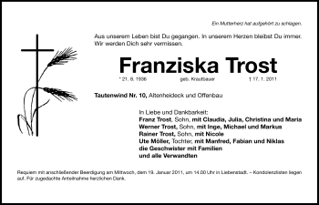Traueranzeige von Franziska Trost von Nürnberger Nachrichten