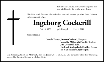 Traueranzeige von Ingeborg Cockerill von Nürnberger Nachrichten