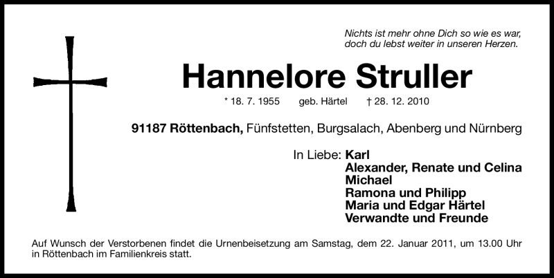  Traueranzeige für Hannelore Struller vom 20.01.2011 aus Nürnberger Nachrichten