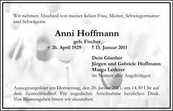 Traueranzeige von Anni Hoffmann von Nürnberger Nachrichten