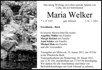 Traueranzeige von Maria Welker von Nürnberger Nachrichten