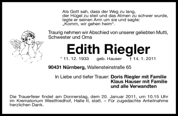 Traueranzeige von Edith Riegler von Nürnberger Nachrichten