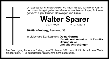 Traueranzeige von Walter Sparer von Nürnberger Nachrichten