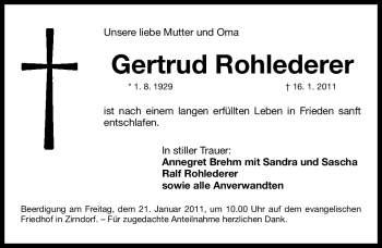 Traueranzeige von Gertrud Rohlederer von Nürnberger Nachrichten