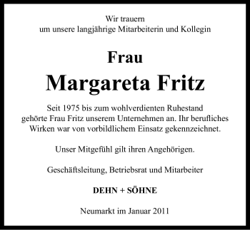 Traueranzeige von Margareta Fritz von Nürnberger Nachrichten
