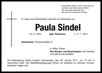 Traueranzeige von Paula Sindel von Nürnberger Nachrichten