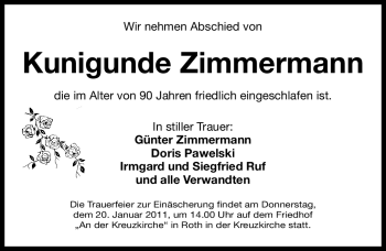 Traueranzeige von Kunigunde Zimmermann von Nürnberger Nachrichten