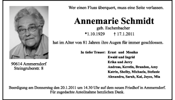 Traueranzeige von Annemarie Schmidt von Nürnberger Nachrichten