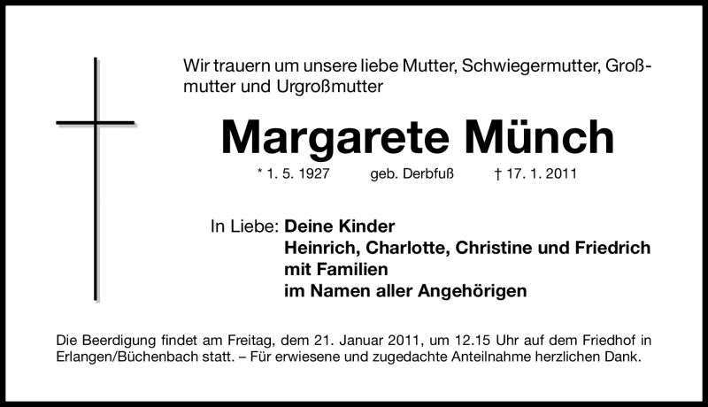  Traueranzeige für Margarete Münch vom 20.01.2011 aus Nürnberger Nachrichten