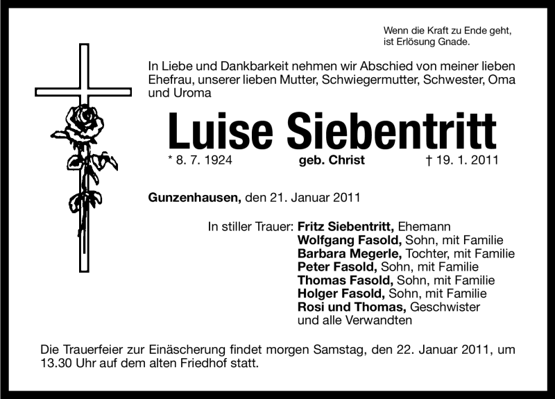  Traueranzeige für Luise Siebentritt vom 21.01.2011 aus Nürnberger Nachrichten
