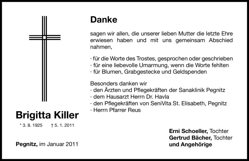  Traueranzeige für Brigitta Killer vom 22.01.2011 aus Nürnberger Nachrichten