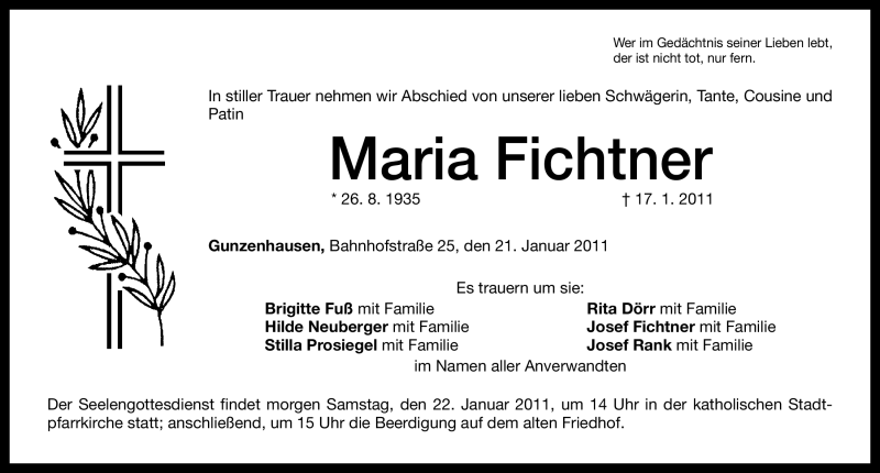  Traueranzeige für Maria Fichtner vom 21.01.2011 aus Nürnberger Nachrichten