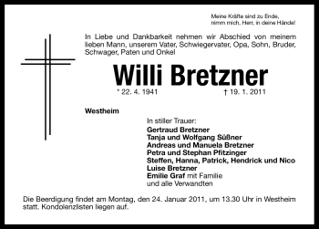 Traueranzeige von Willi Bretzner von Nürnberger Nachrichten
