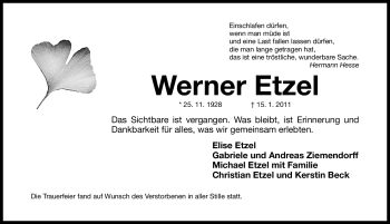 Traueranzeige von Werner Etzel von Nürnberger Nachrichten