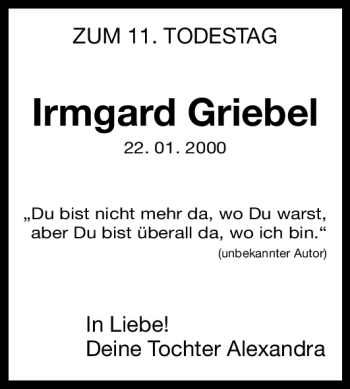 Traueranzeige von Irmgard Griebel von Nürnberger Nachrichten